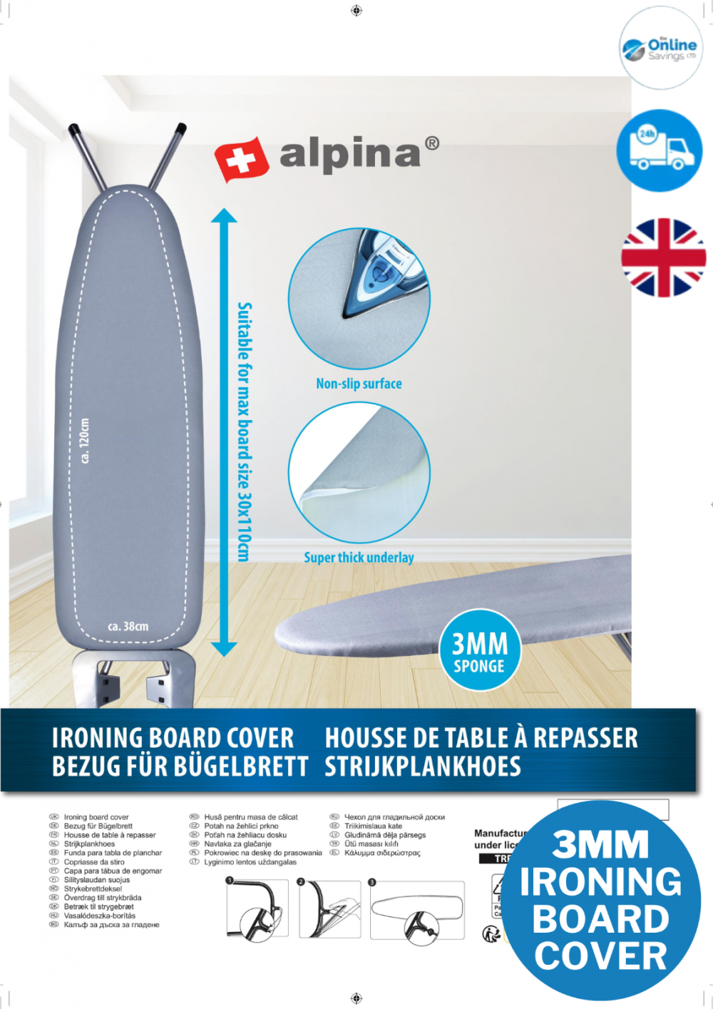 IRONING BOARD COVER CLOTH SPONGE 3MM Heat Resistant Protective Pad 118x36
