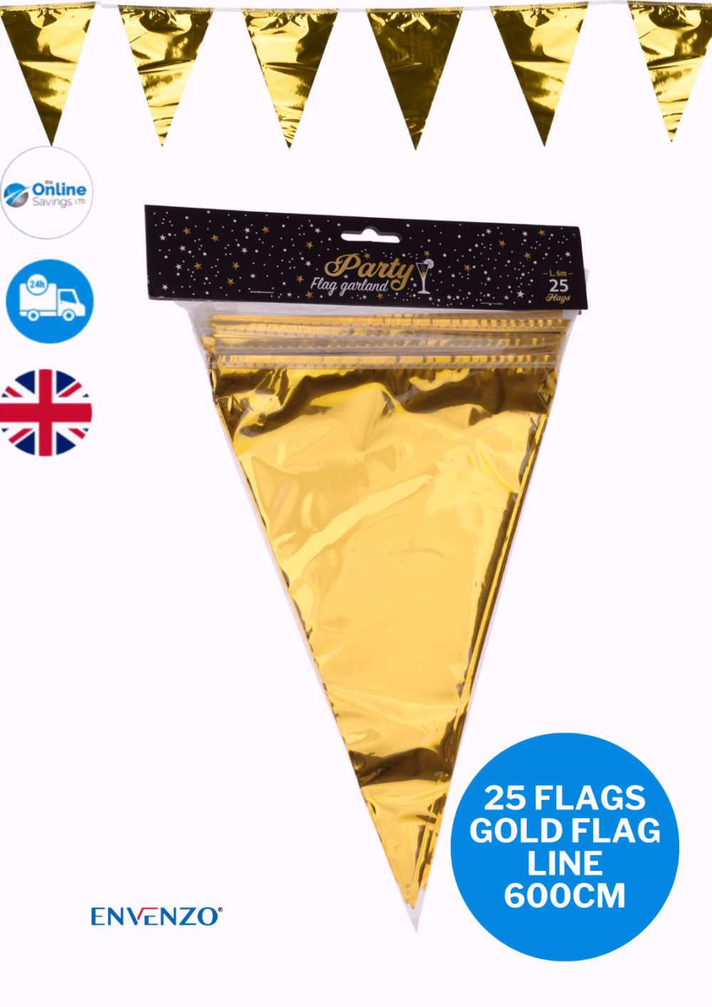 FLAG LINE GOLD FOR PARTY WEDDINGS BABY SHOWER GRADUATION DECOR 600CM -  25 FLAGS