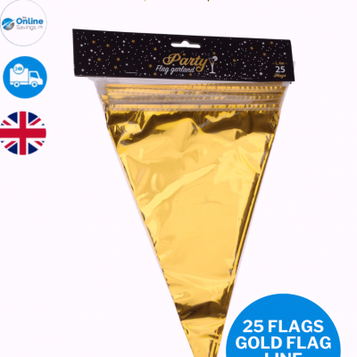 FLAG LINE GOLD FOR PARTY WEDDINGS BABY SHOWER GRADUATION DECOR 600CM -  25 FLAGS