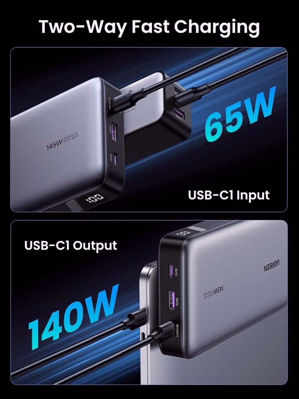 UGREEN 25000mAh Portable Quick Charging Power Bank with USB-C Cable 145W - Image 9
