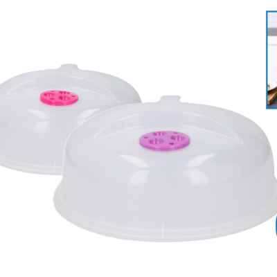 Microwave Food Plate Cover Clear Lid Splash Splatter Guard Colored Handle 2PACK