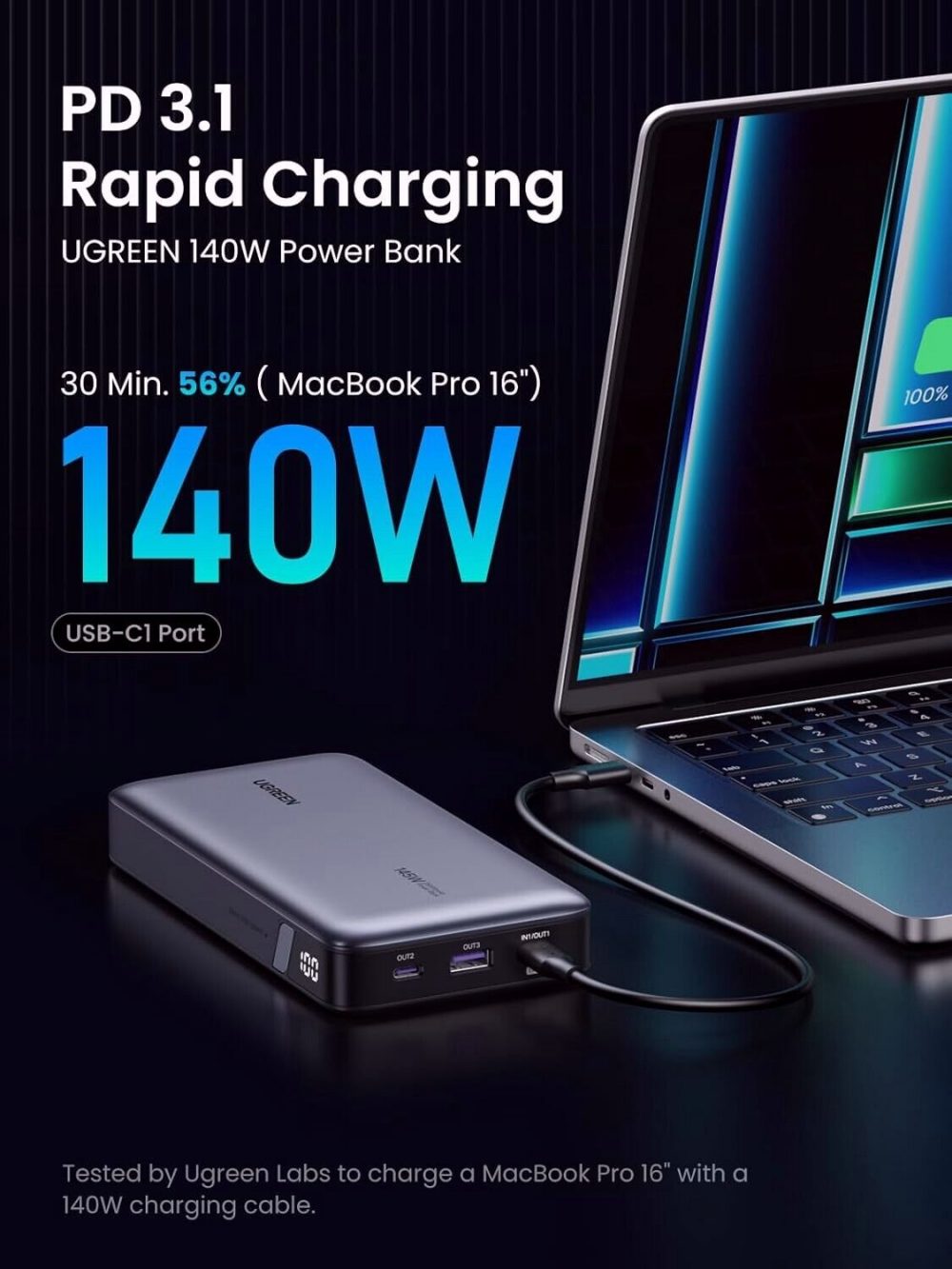 UGREEN 25000mAh Portable Quick Charging Power Bank with USB-C Cable 145W - Image 8