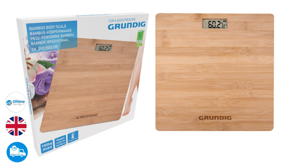 NEW GRUNDIG BAMBOO BODY SCALE FOR BODY WEIGHT SMART SCALE 180KG MAX KG/LB/ST
