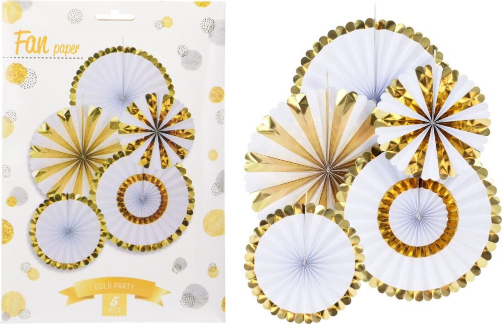 FAN PAPER GOLD SET OF 5PCS  Wedding Baby Birthday Paper Party Decorations - GOLD - Image 2
