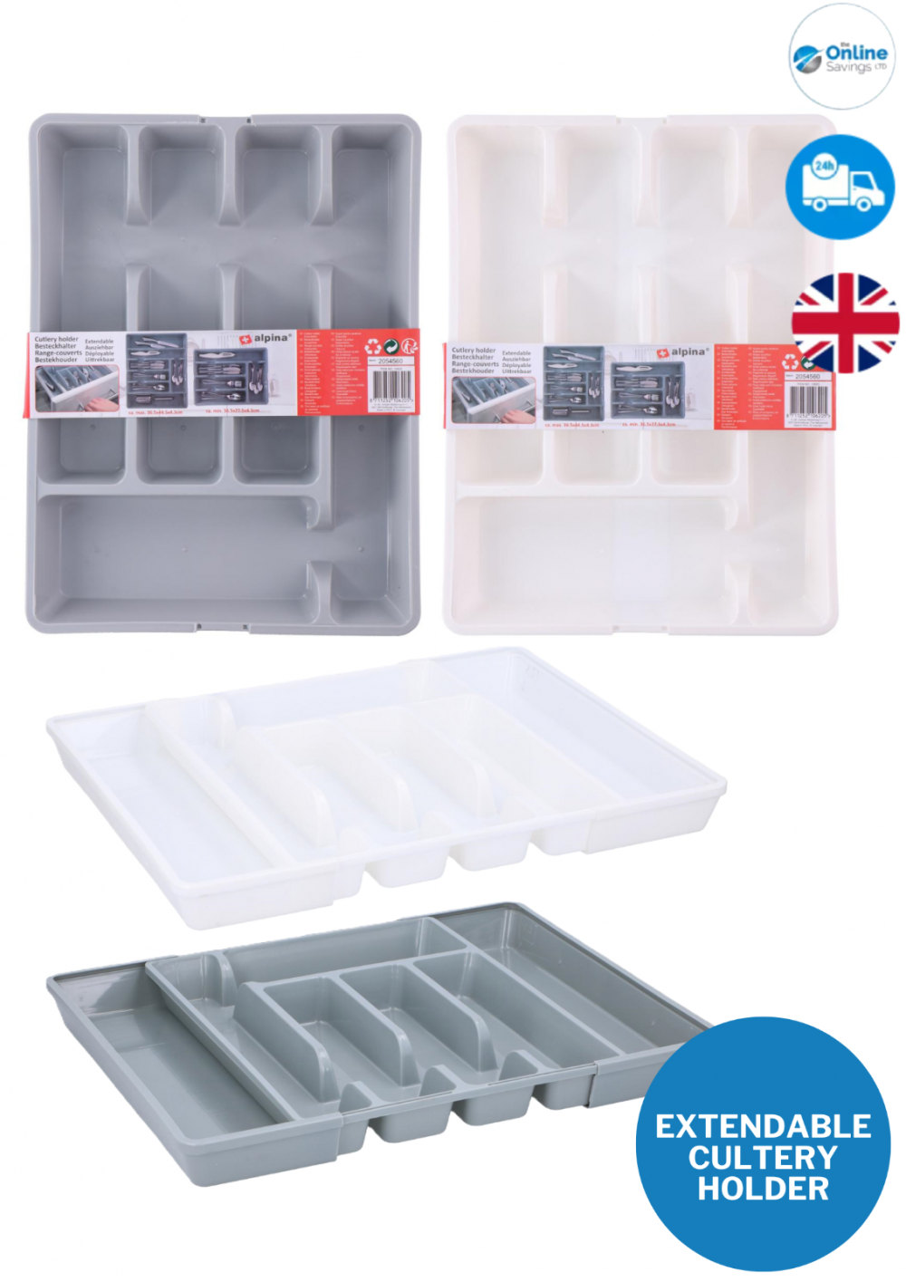 PLASTIC CUTLERY HOLDER TRAY WHITE GREY KITCHEN DRAWER ORGANISER EXPANDABLE