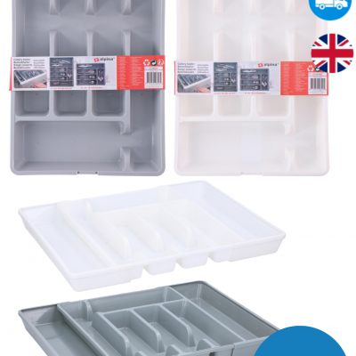 PLASTIC CUTLERY HOLDER TRAY WHITE GREY KITCHEN DRAWER ORGANISER EXPANDABLE