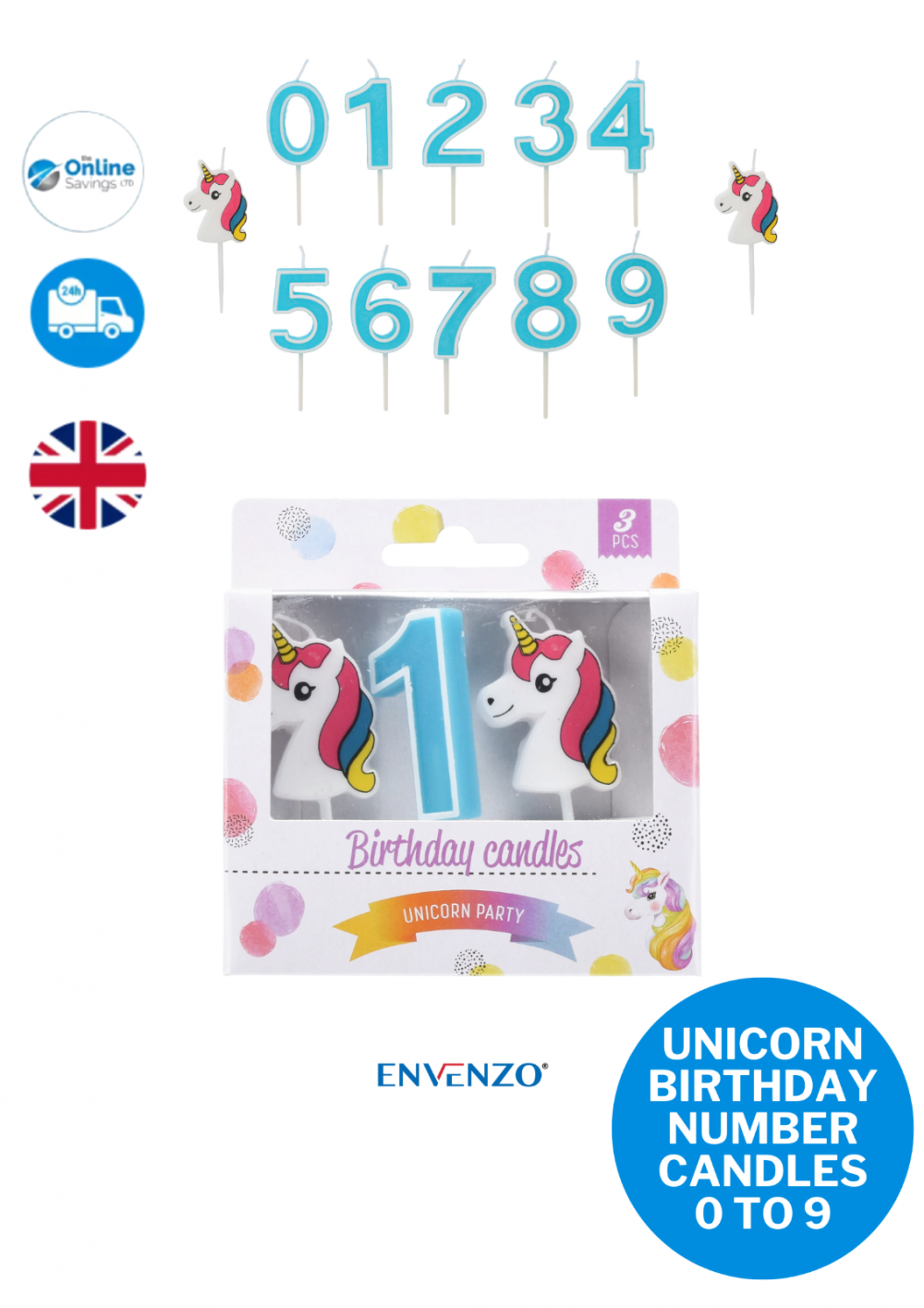 UNICORN BIRTHDAY NUMBER CANDLES 0 TO 9 CAKE TOPPER DECOR PARTY BIRTHDAY -  3PCS