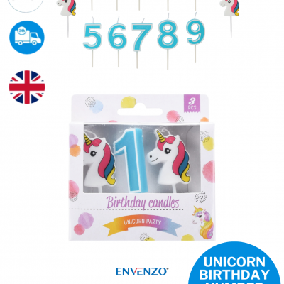 UNICORN BIRTHDAY NUMBER CANDLES 0 TO 9 CAKE TOPPER DECOR PARTY BIRTHDAY -  3PCS