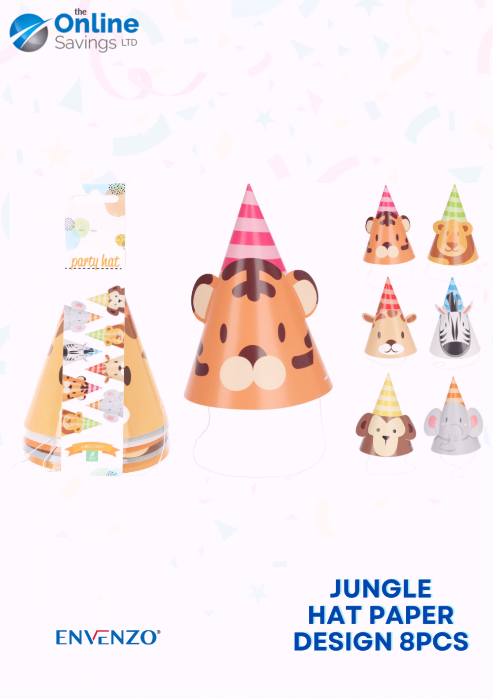 NEW HAT PAPER JUNGLE DESIGN Party Hats for Kids Birthday Party Games Fun - 8PCS
