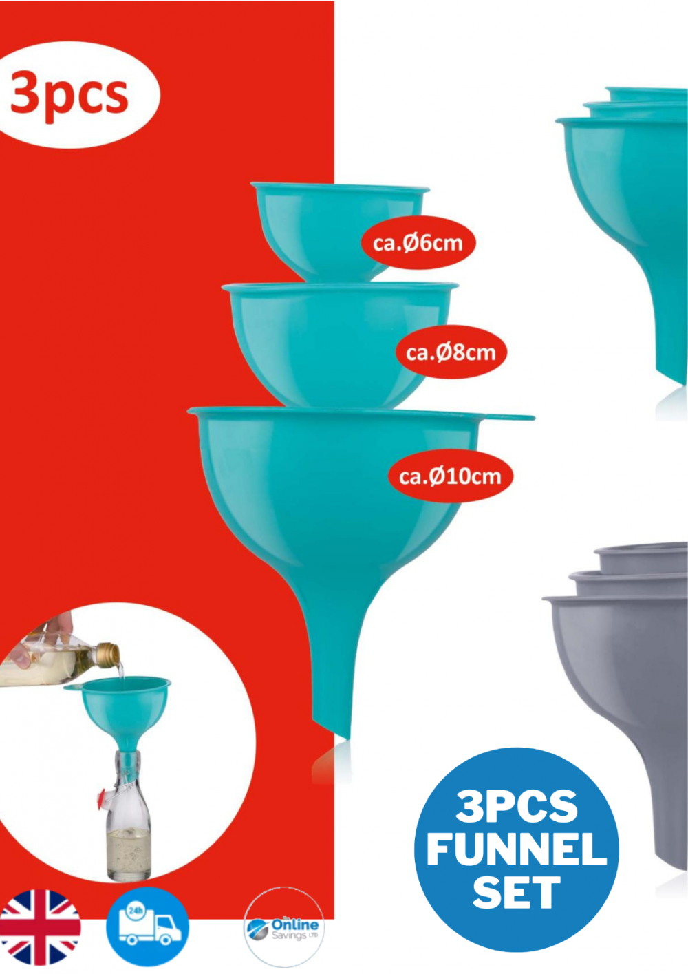 PLASTIC FUNNEL SET TURQOUISE GREY SMALL MEDUIM LARGE SIZE 3PCS FUNNEL OIL