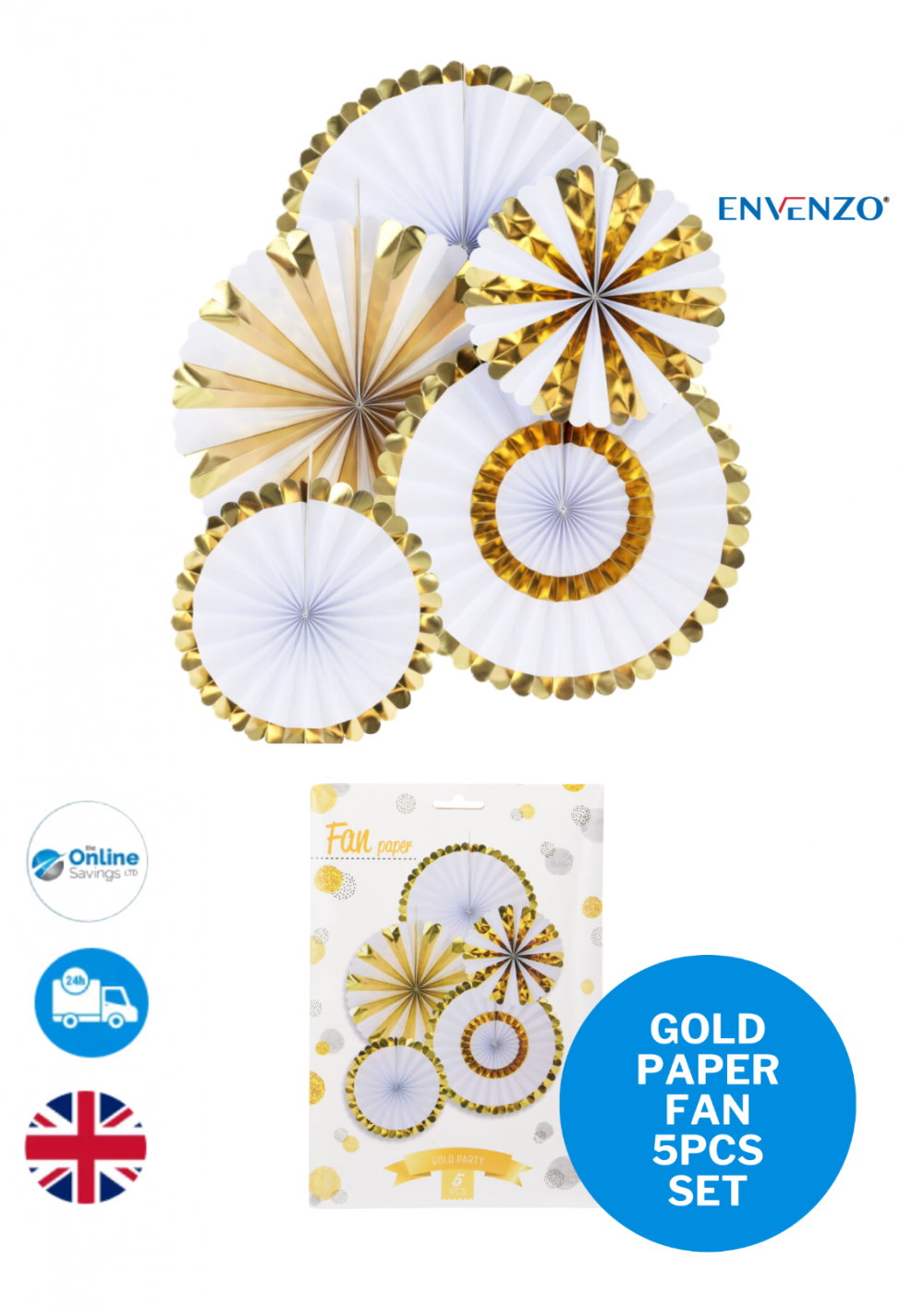 FAN PAPER GOLD SET OF 5PCS  Wedding Baby Birthday Paper Party Decorations - GOLD