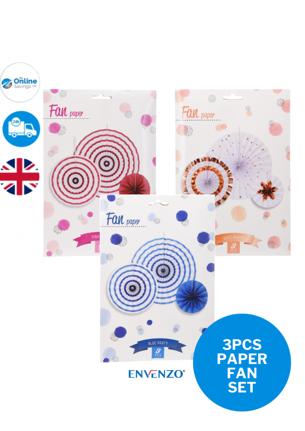 PAPER FAN COLOR SET OF 3PCS Wedding Baby Birthday Paper Party Decorations - 3PCS
