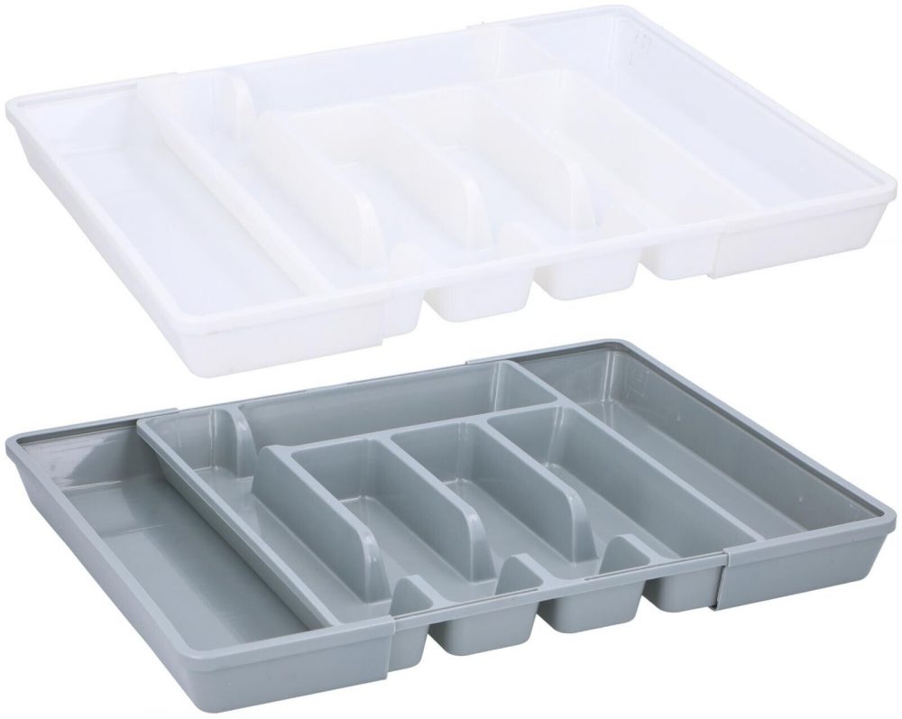 PLASTIC CUTLERY HOLDER TRAY WHITE GREY KITCHEN DRAWER ORGANISER EXPANDABLE - Image 3